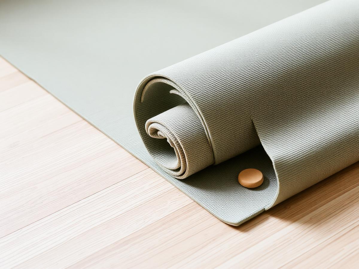 Rolled Pilates mat and props on a light wooden studio floor
